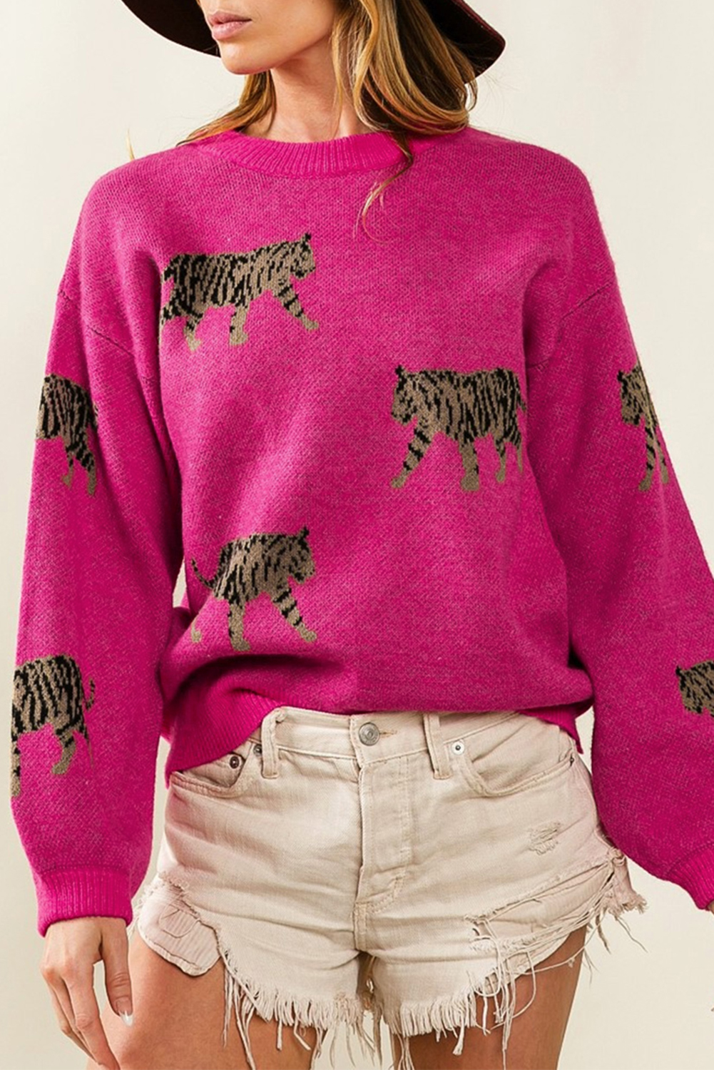 Shewin Wholesale Western Apparel Rose Red Leopard Pattern Drop Shoulder Knit SWEATER