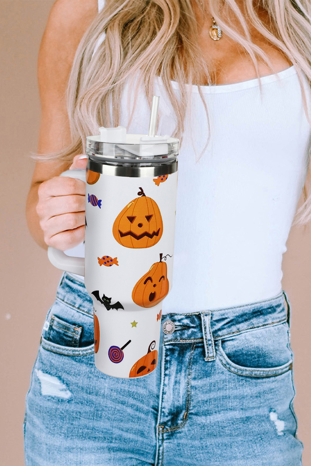 Bright White 40oz Halloween Print 304 Stainless Steel Thermos Cup