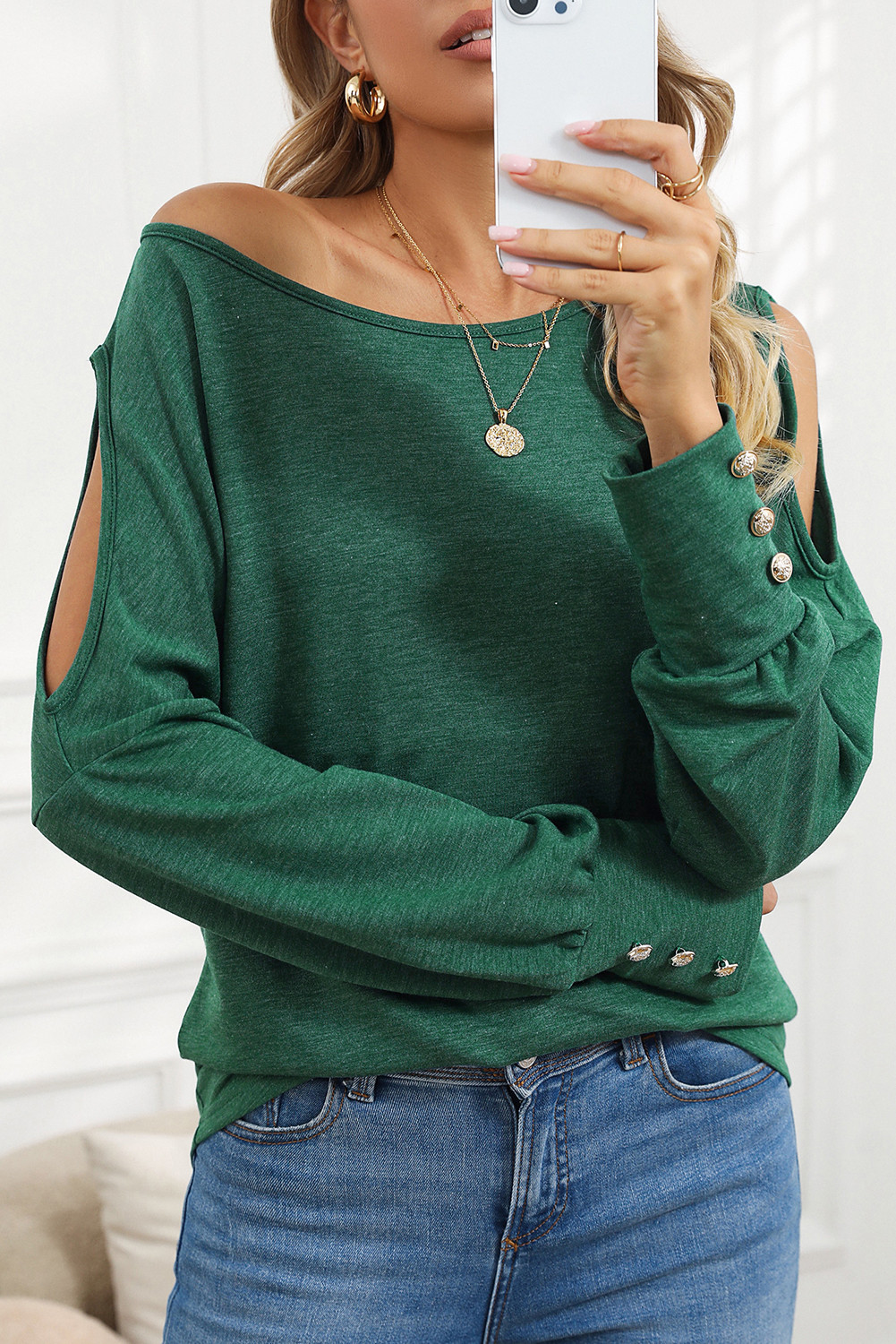 Green Boat Neck Asymmetric Cutout Long Sleeve Top