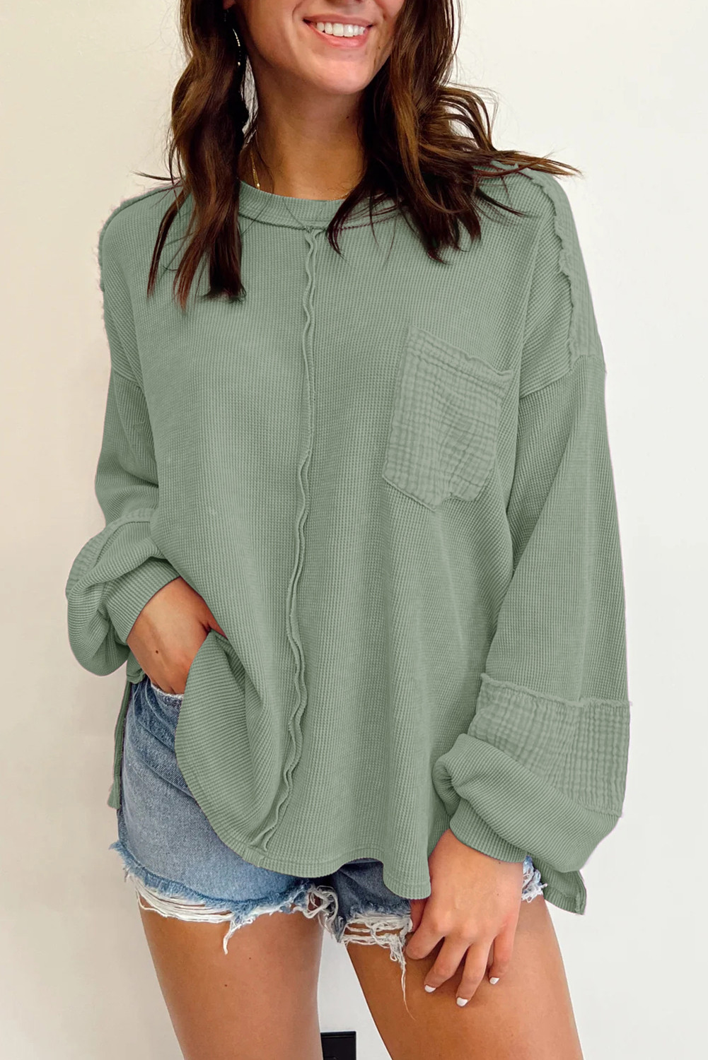 Green Waffle and Crinkle Patchwork Long Sleeve Top