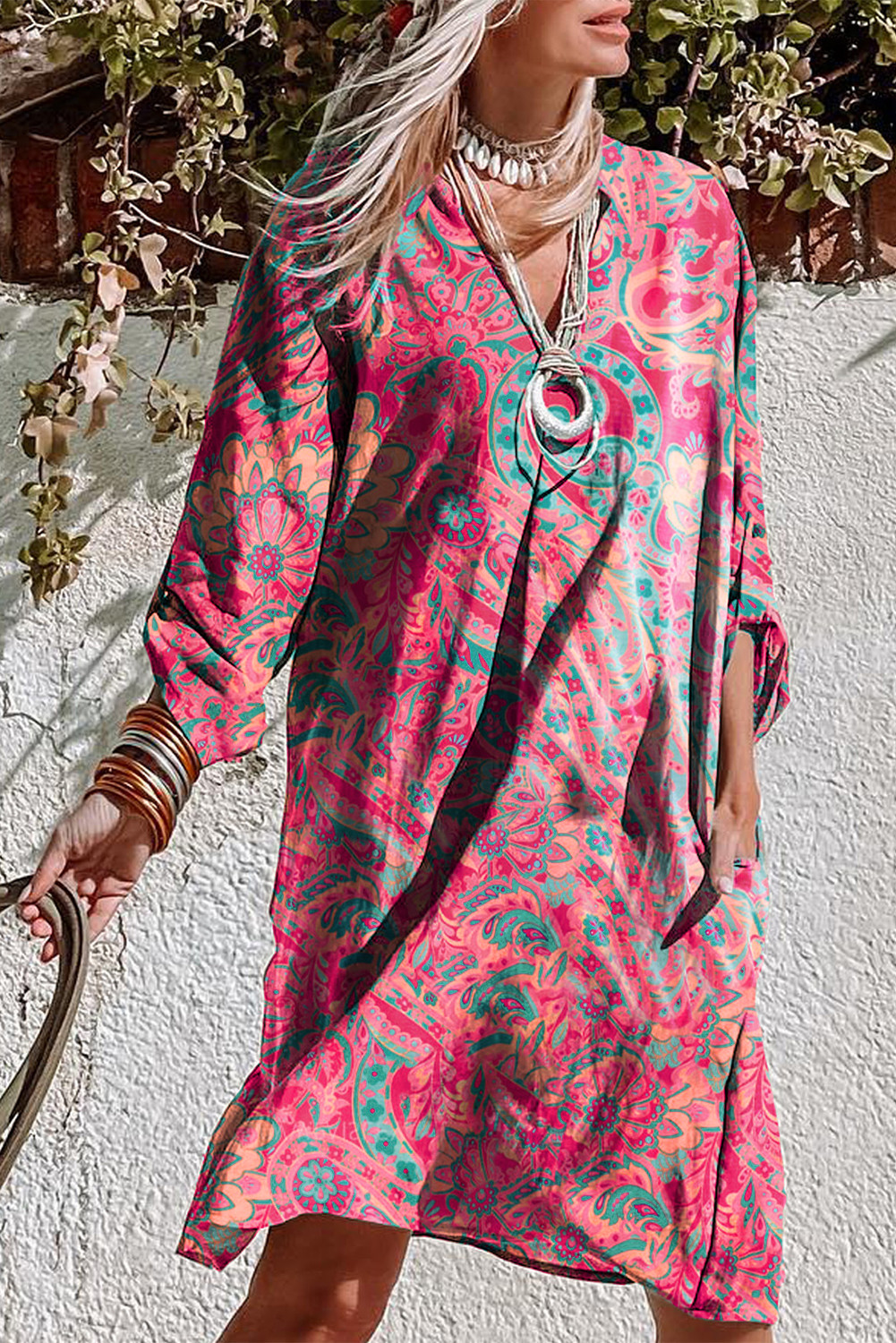 Rose Red Paisley Print Tab Sleeve Notched V Neck Dress