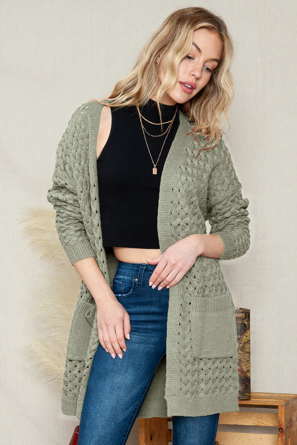 Gray Woven Texture Open Front Pockets Knit Cardigan