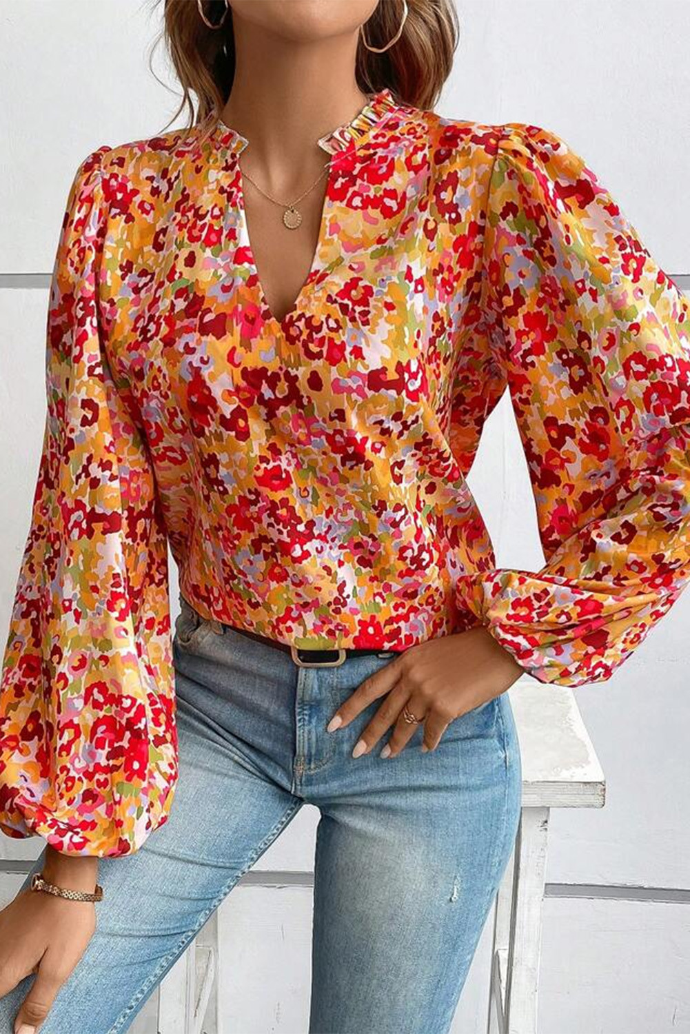 Orange Frilled Split V Neck Bubble Sleeve Boho Abstract Blouse