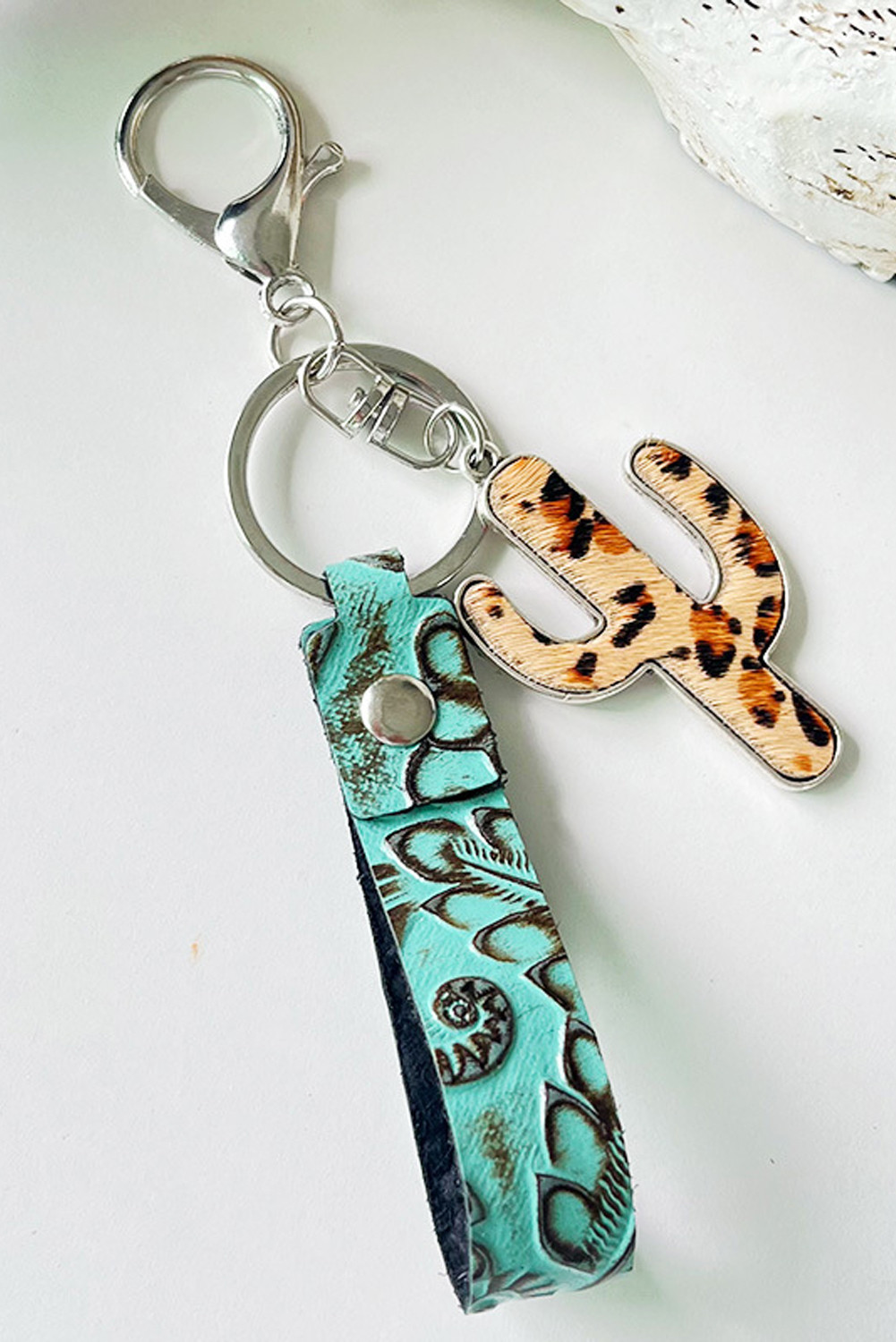 Mint Green PU Embossed Leopard Cactus Keychain