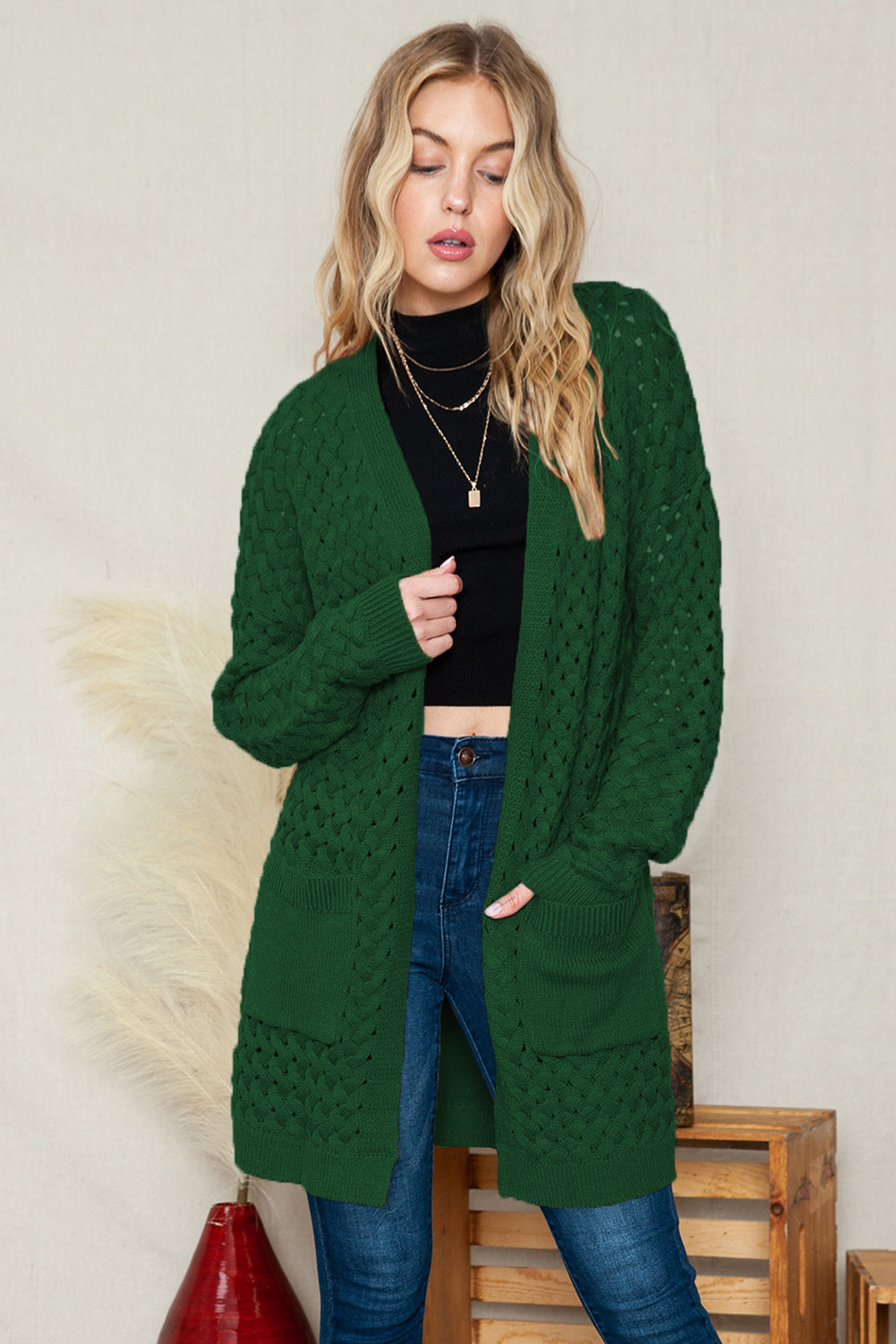 Green Woven Texture Open Front Pockets Knit Cardigan