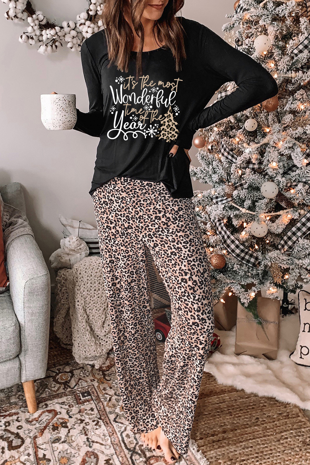 Leopard Christmas Print Graphic Two Piece Lounge Set