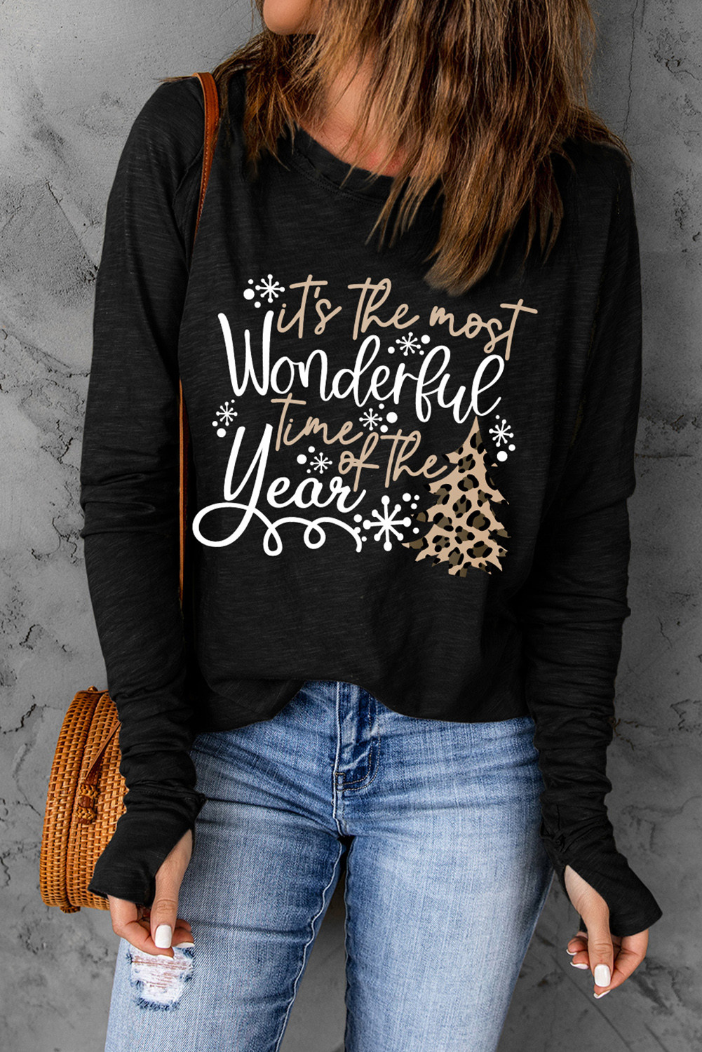Black Christmas Slogan Leopard Print Graphic Thumbhole Sleeve T Shirt