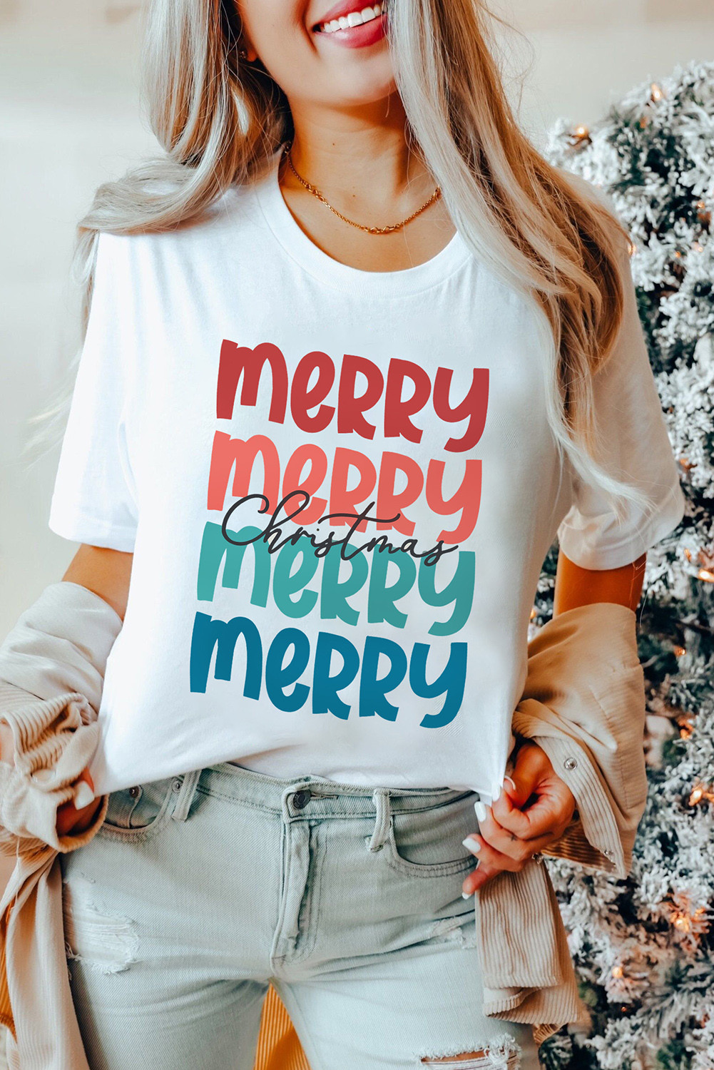 White Merry Christmas Letter Print Graphic Crew Neck T Shirt