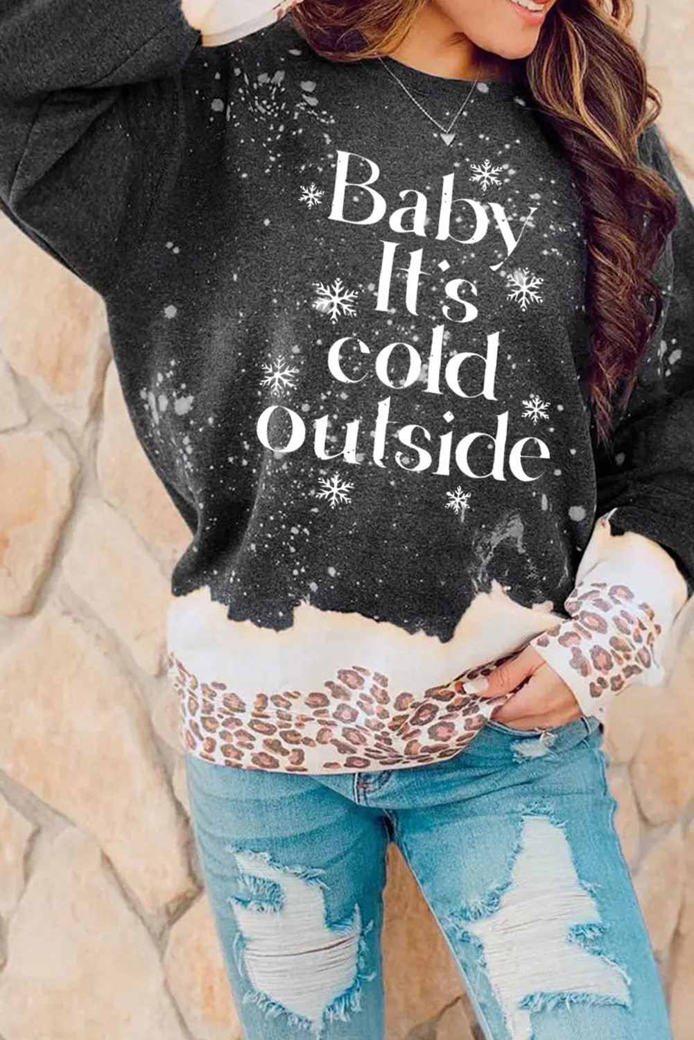 Black Baby It’s Cold Outside Leopard Print Graphic Sweatshirt