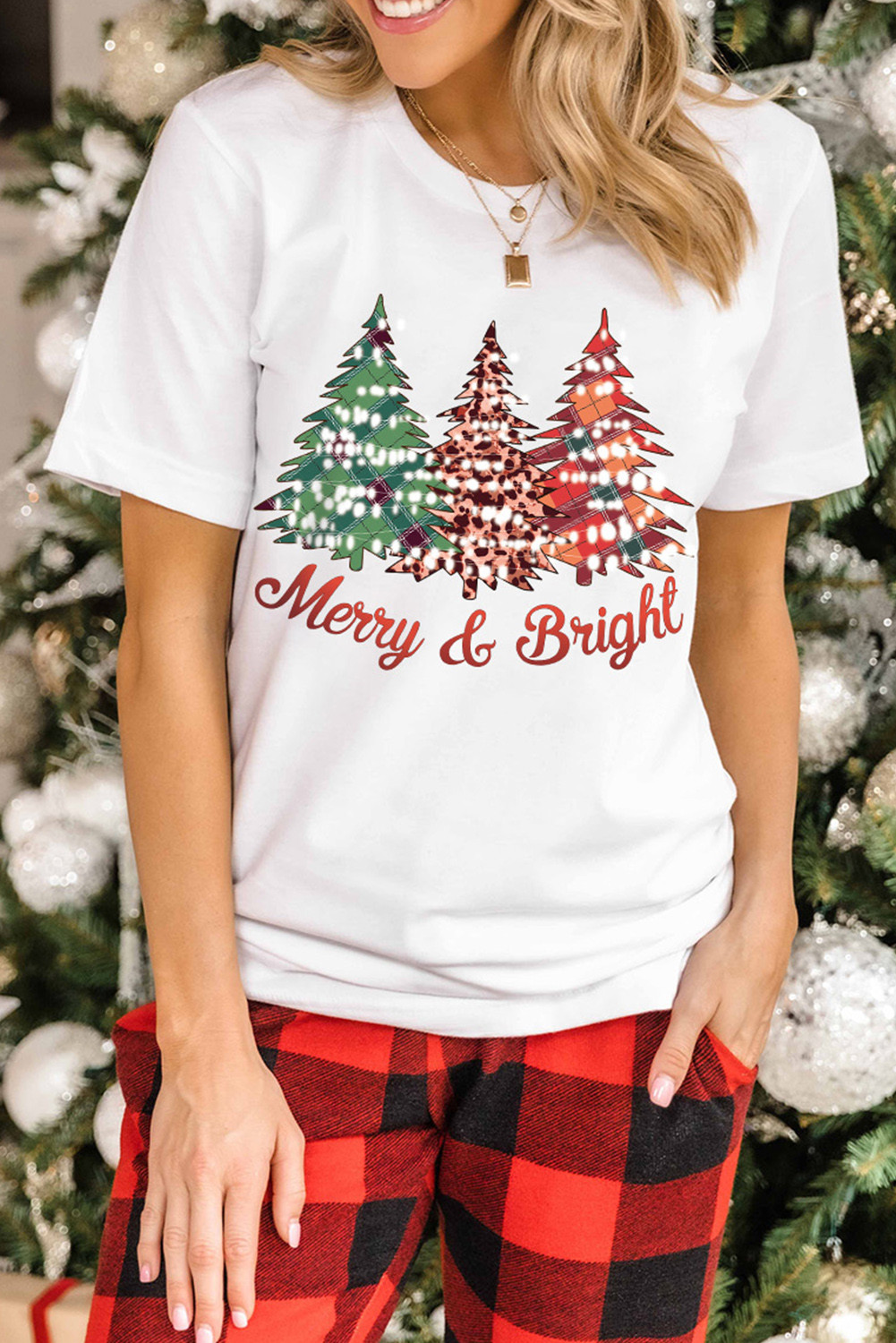 White Merry and Bright Christmas Tree Print Graphic T Shirt