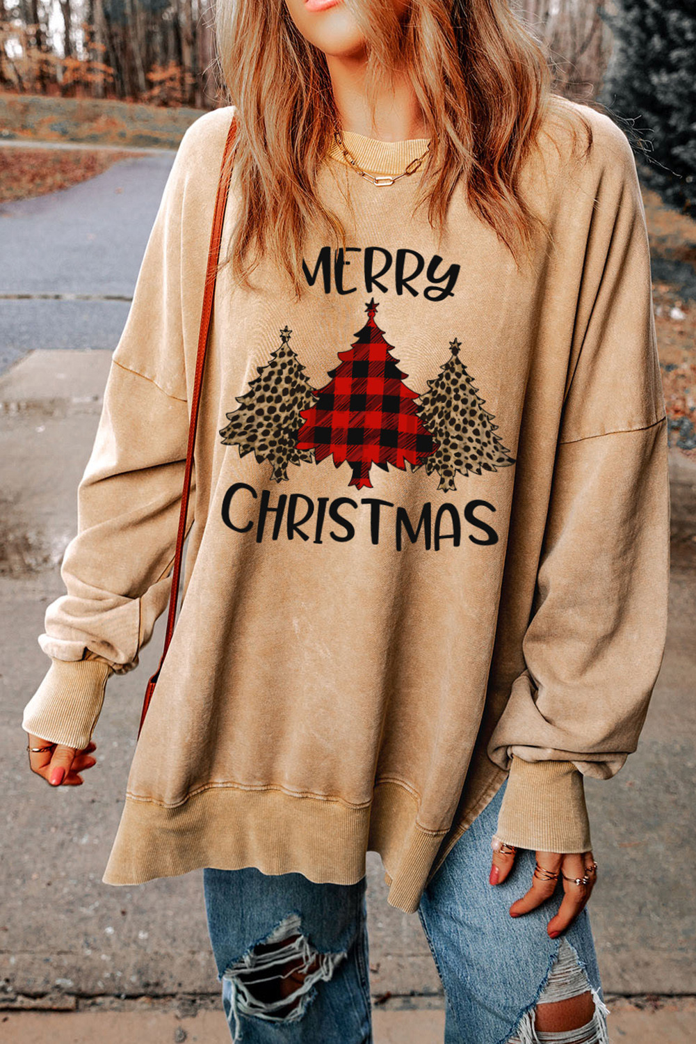 Khaki MERRY CHRISTMAS Tree Print Loose Fit Graphic Sweatshirt