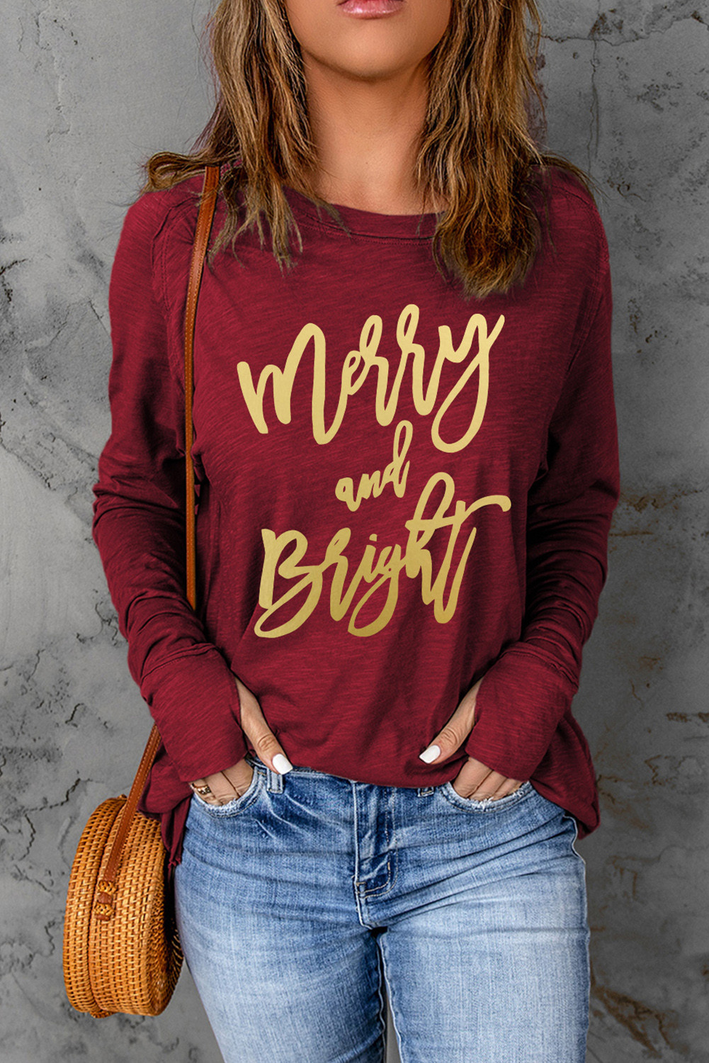 Red Merry and Bright Thumb Hole Long Sleeve Graphic T Shirt