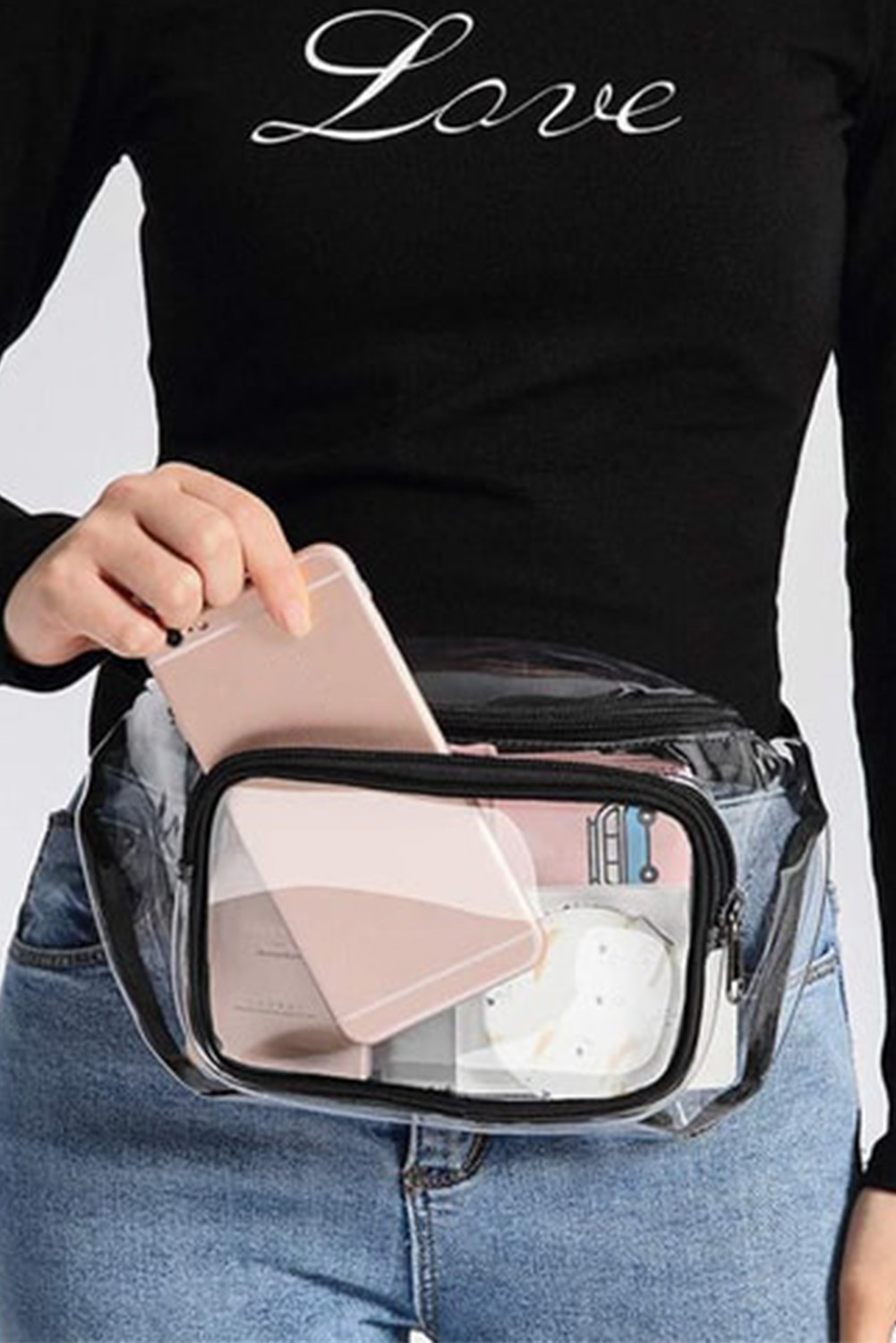 Black Adjustable Strap Clear PVC Waist Bag