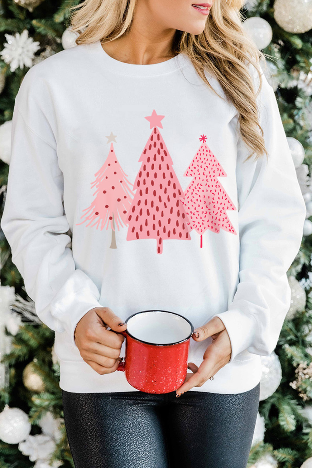 Shewin Wholesale Chic Women White CHRISTMAS Tree Dots Print Graphic Pullover Sweatshirt