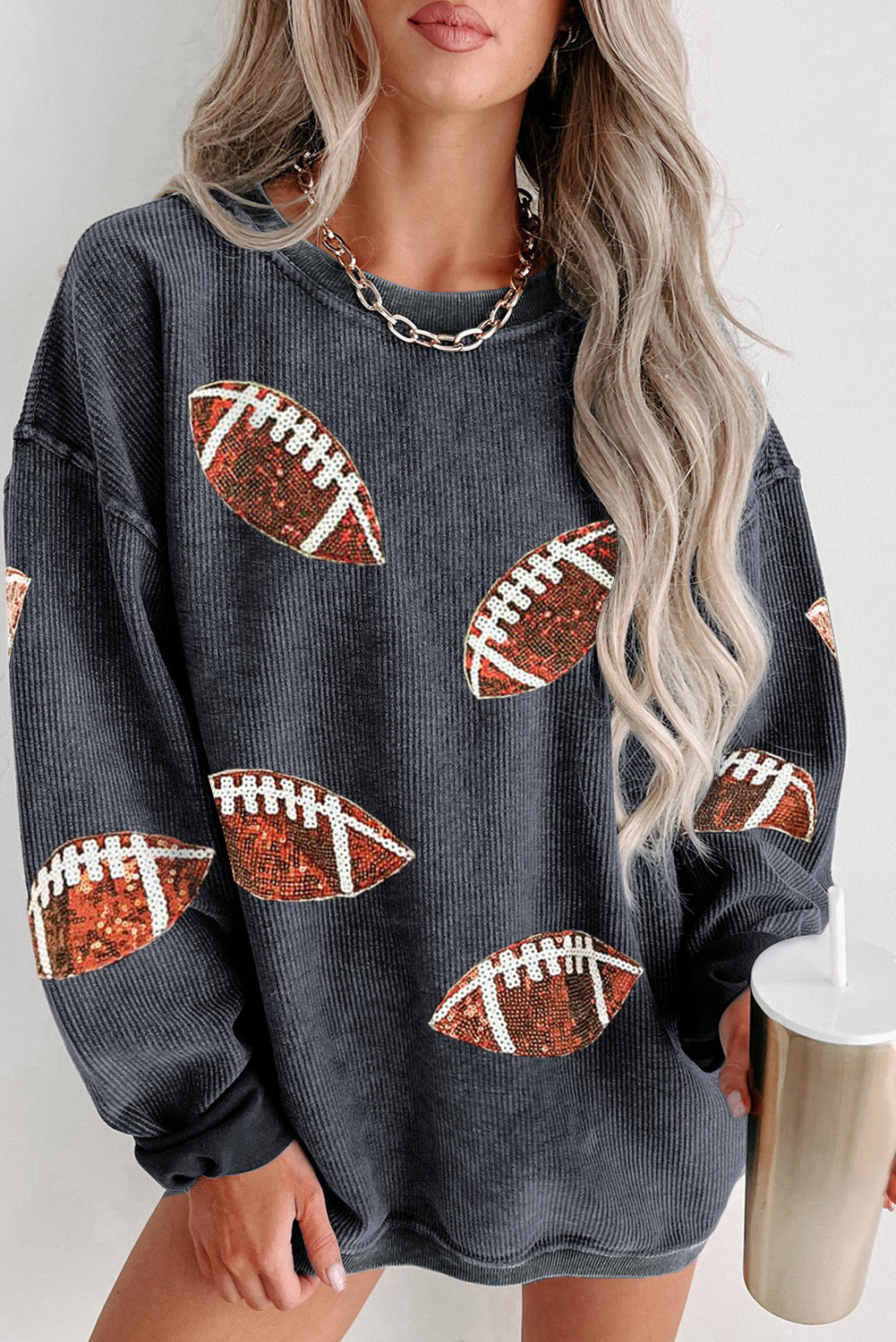 Shewin Wholesale Boutique Gray Sequin Rugby Graphic Corded BAGgy Sweatshirt