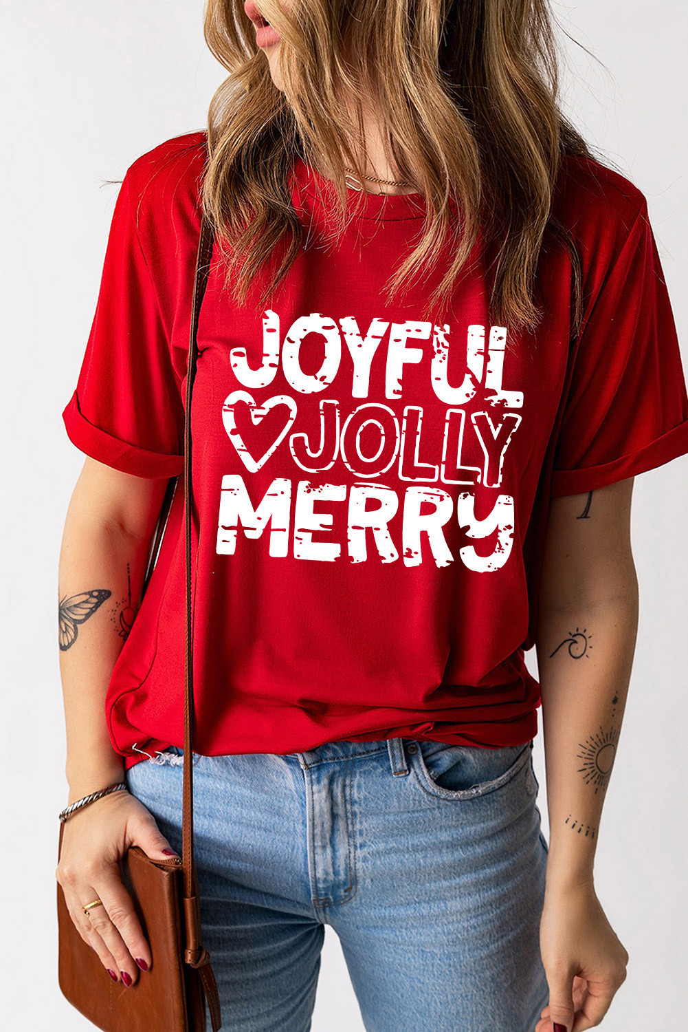 Red-2 JOYFUL JOLLY MERRY Heart Print Graphic T Shirt