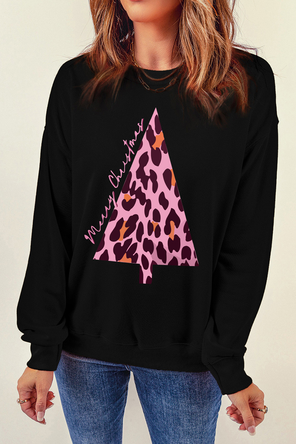 Black Leopard Christmas Tree Print Graphic Pullover Sweatshirt