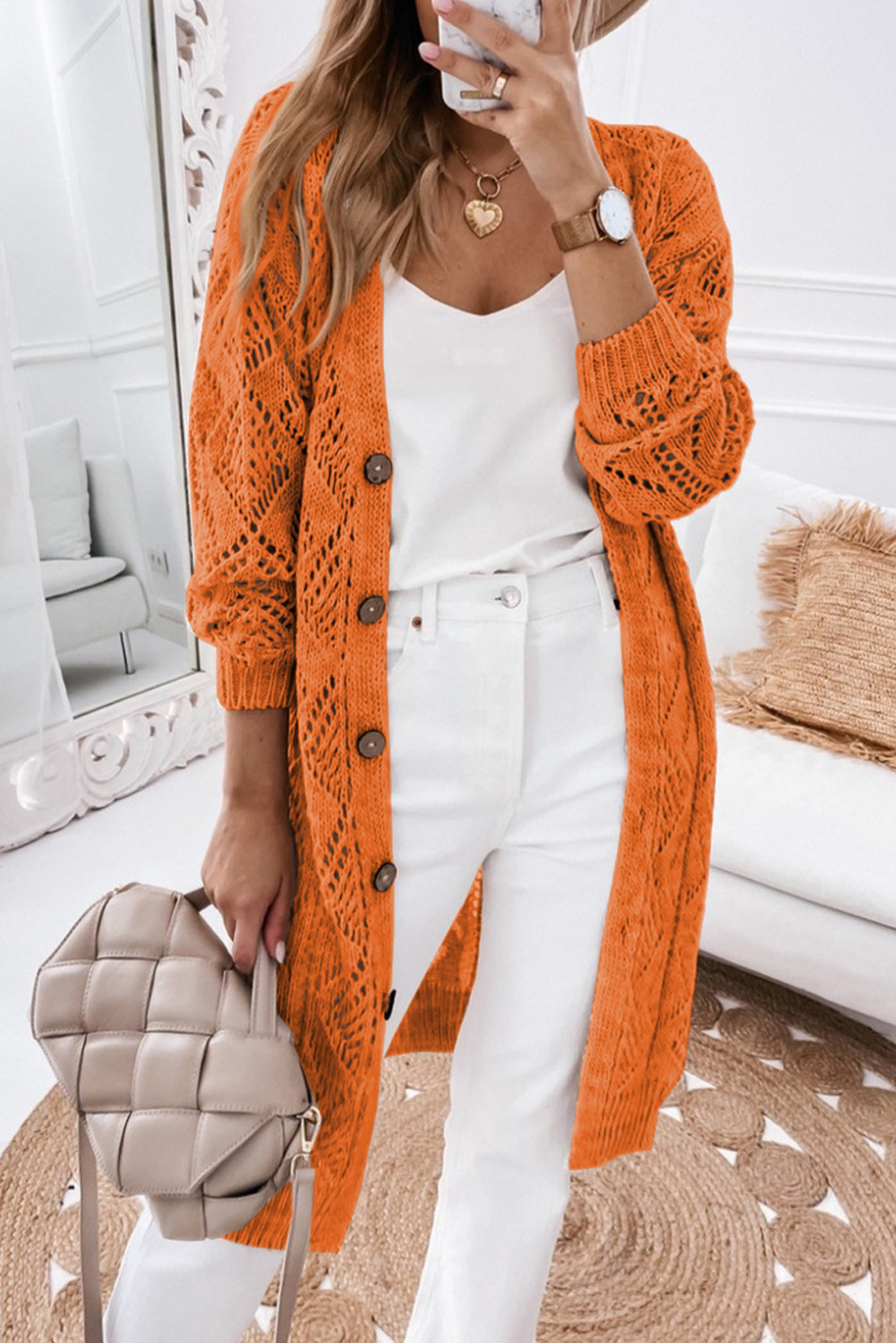 Orange Button Up Hollow Out Loose Long Cardigan