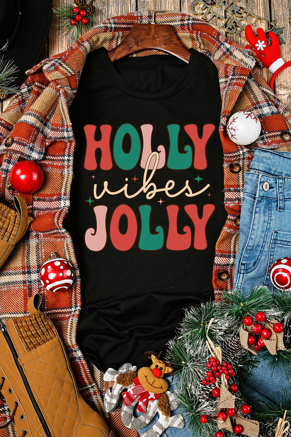 Black HOLLY JOLLY Vibes Christmas Crew Neck Graphic T Shirt