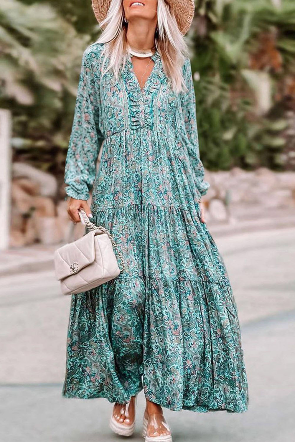 Shewin Wholesale Southern Clothes Sky Blue Bohemian Paisley Print Long Sleeve Tiered Maxi DRESS