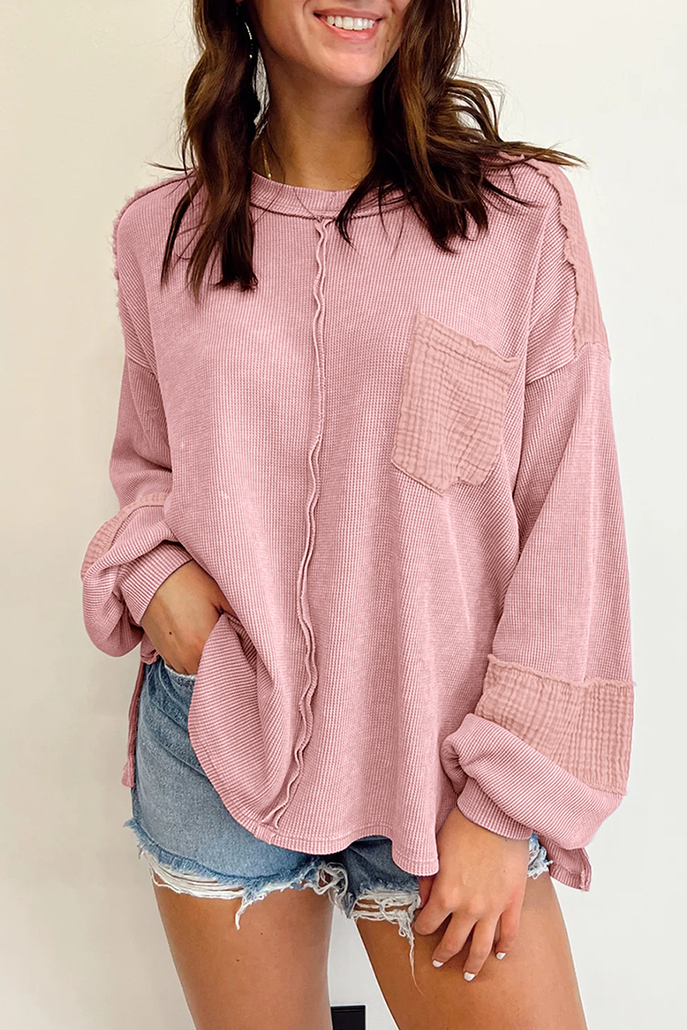 Shewin Wholesale Bulk Pink Waffle and CRINKLE Patchwork Long Sleeve Top