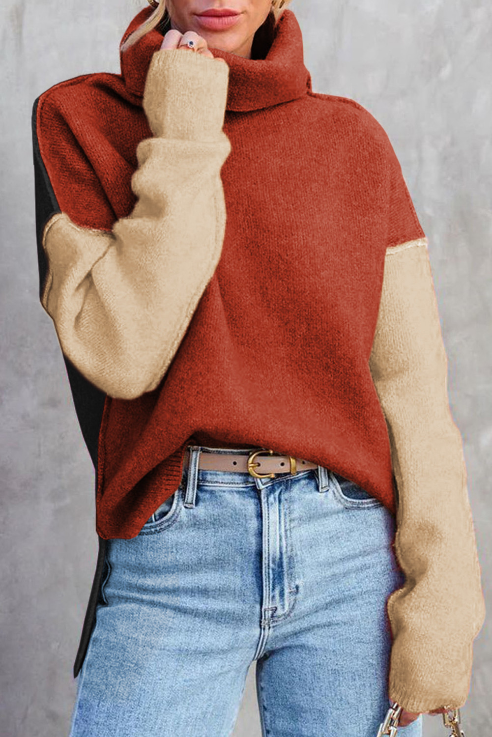 Clay Red Color Block Drop Shoulder Turtleneck Sweater