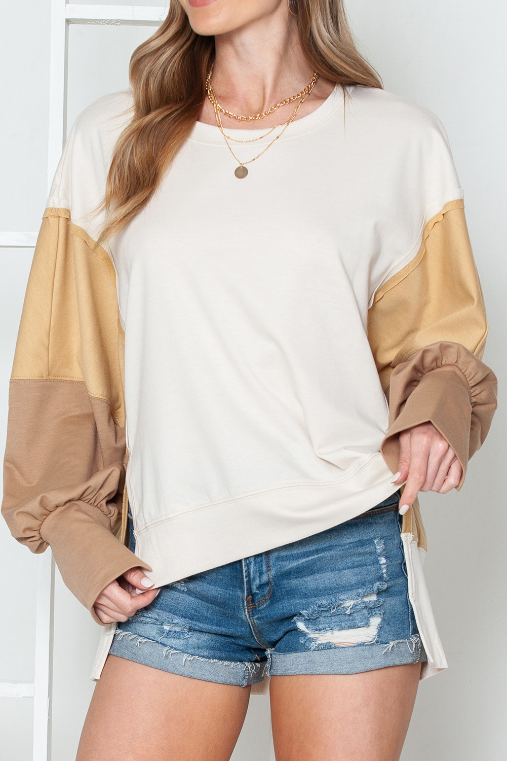 Khaki Color Block Sleeve Patchwork Oversized Sweatshirt