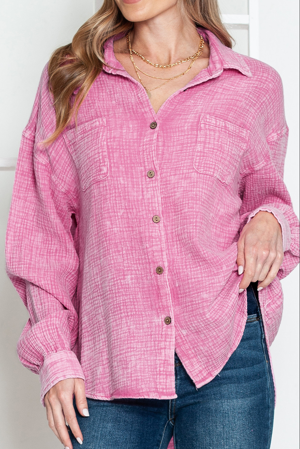 Pink Mineral Wash Crinkled Button Up Shirt
