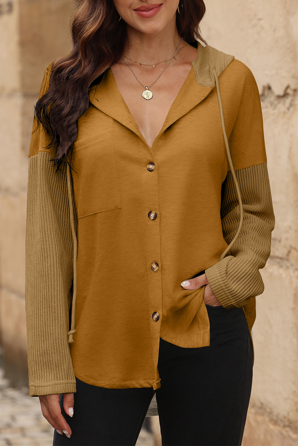 Brown Button Up Contrast Knitted Sleeves Hooded Jacket