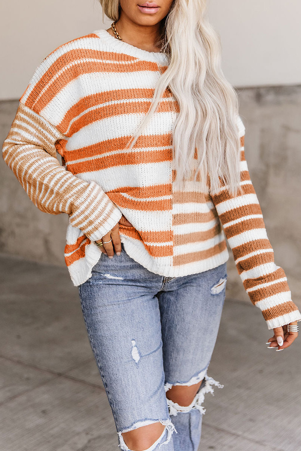 Grapefruit Orange Color Block Drop Shoulder Pullover Striped Sweater