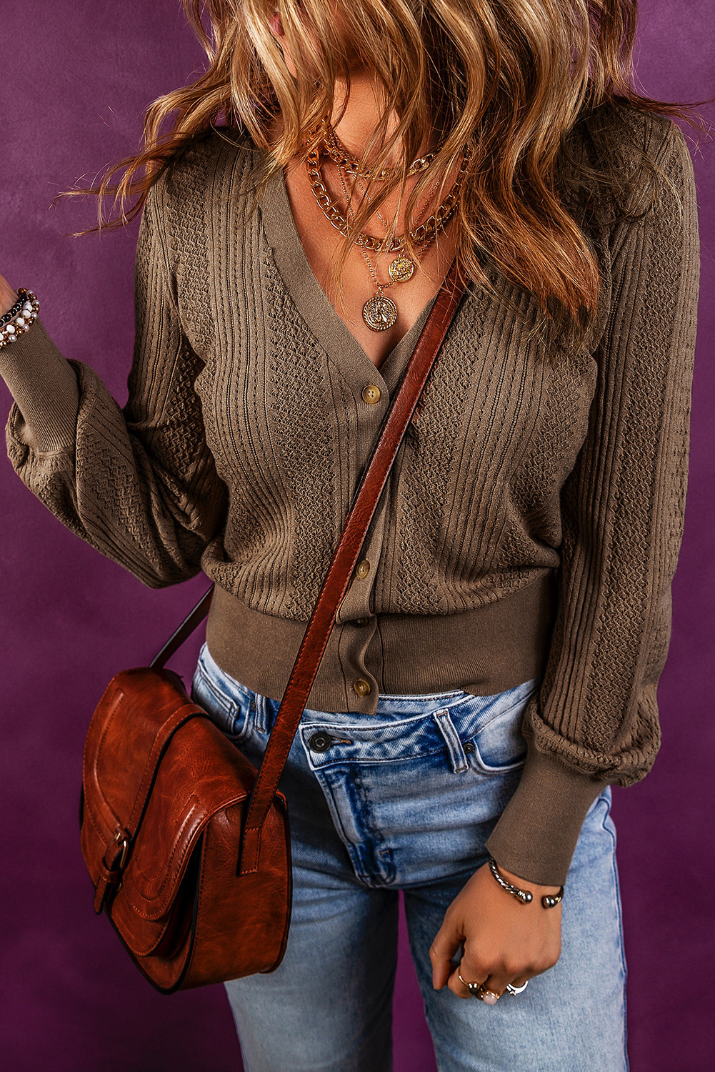 Desert Palm Casual V Neck Buttoned Textured Sweater