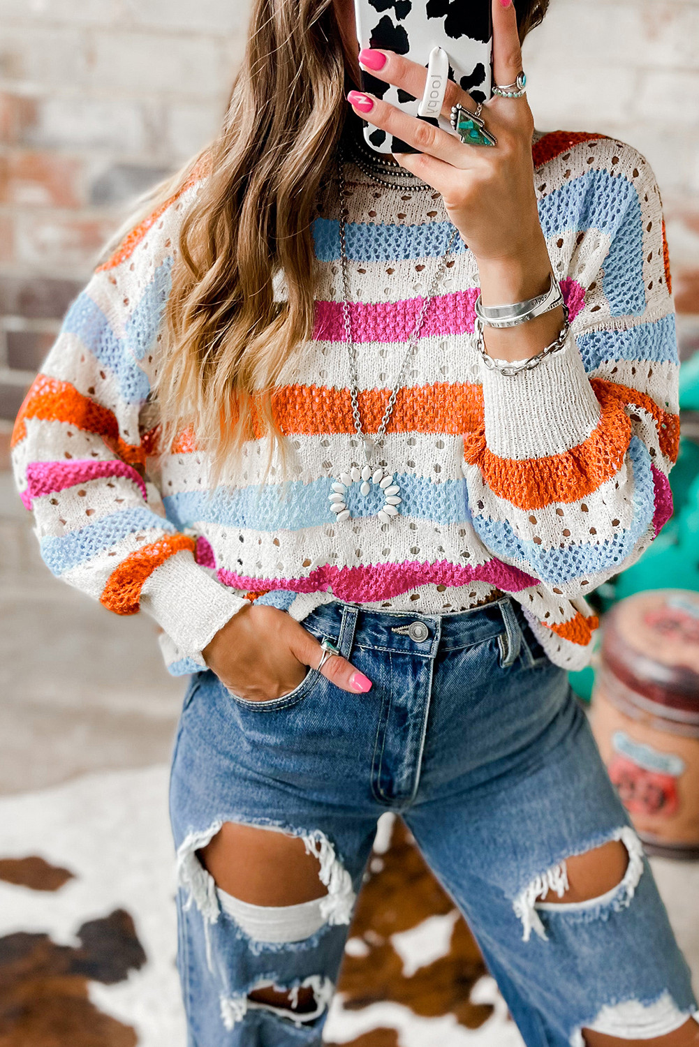 Multicolour Striped Hollowed Knitted Loose Sweater