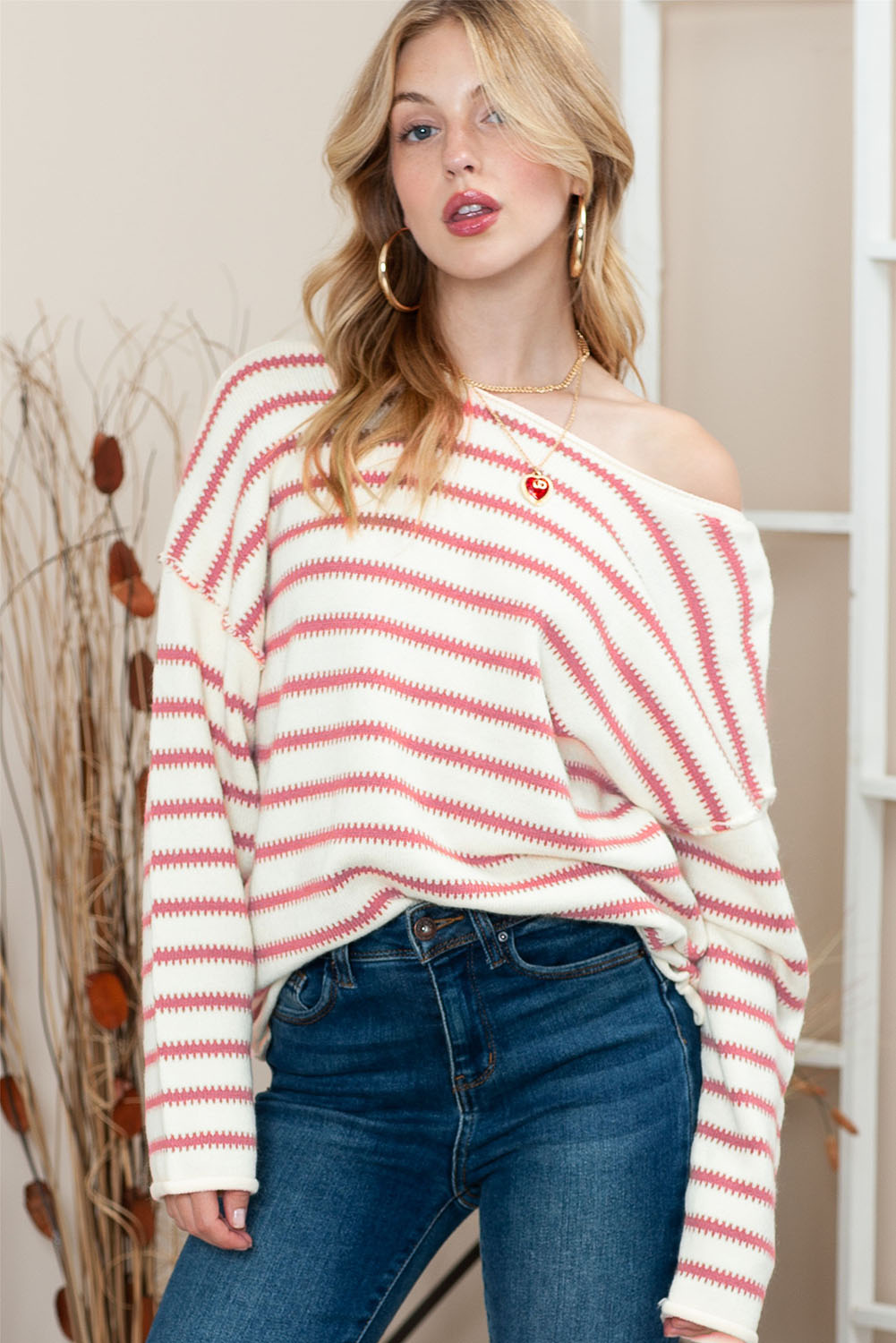 Shewin Wholesale Western Clothing  Pink Striped Drop Sleeve Oversized SWEATER