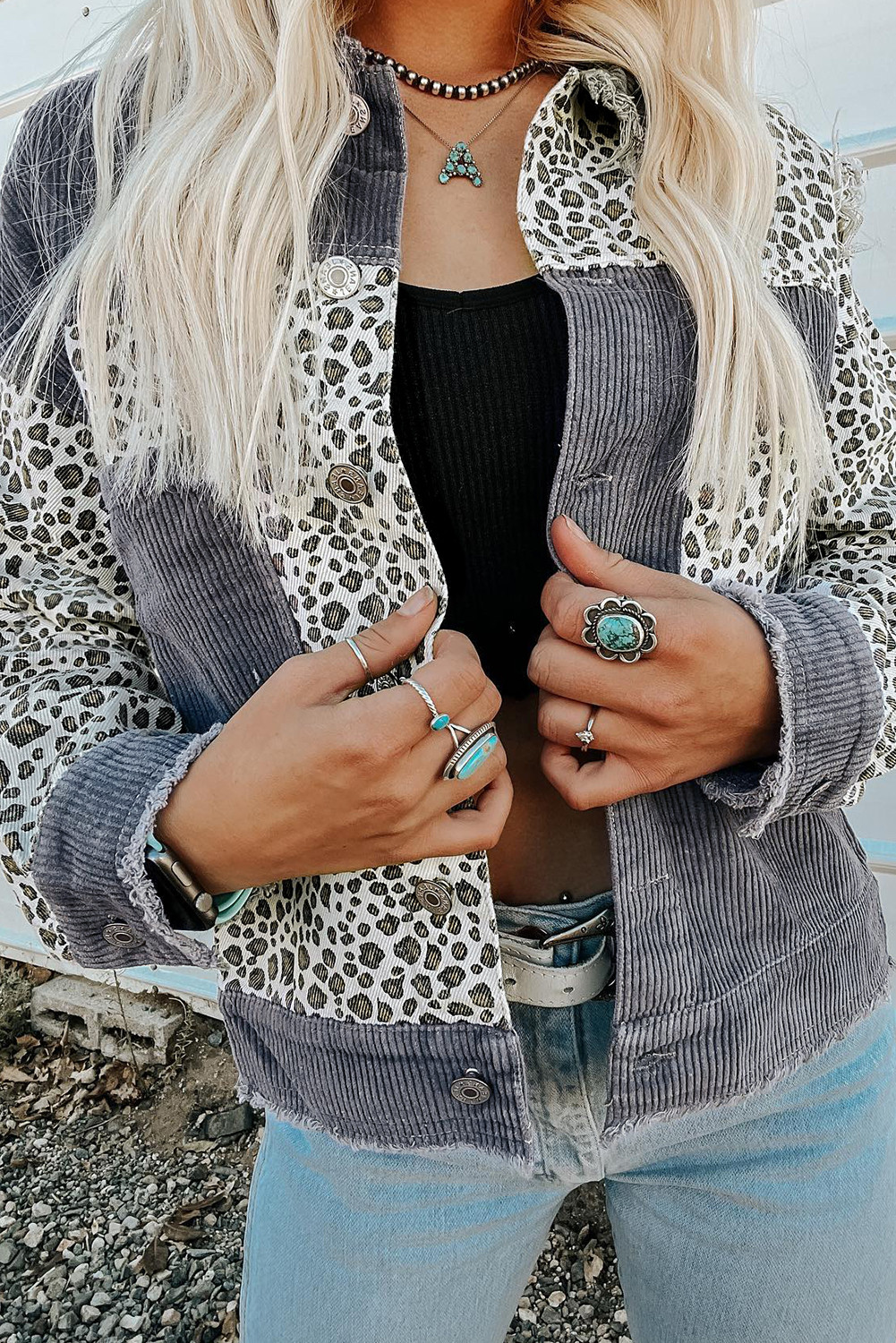 Gray Leopard Patchwork Corduroy Ripped Hem Button Up Jacket