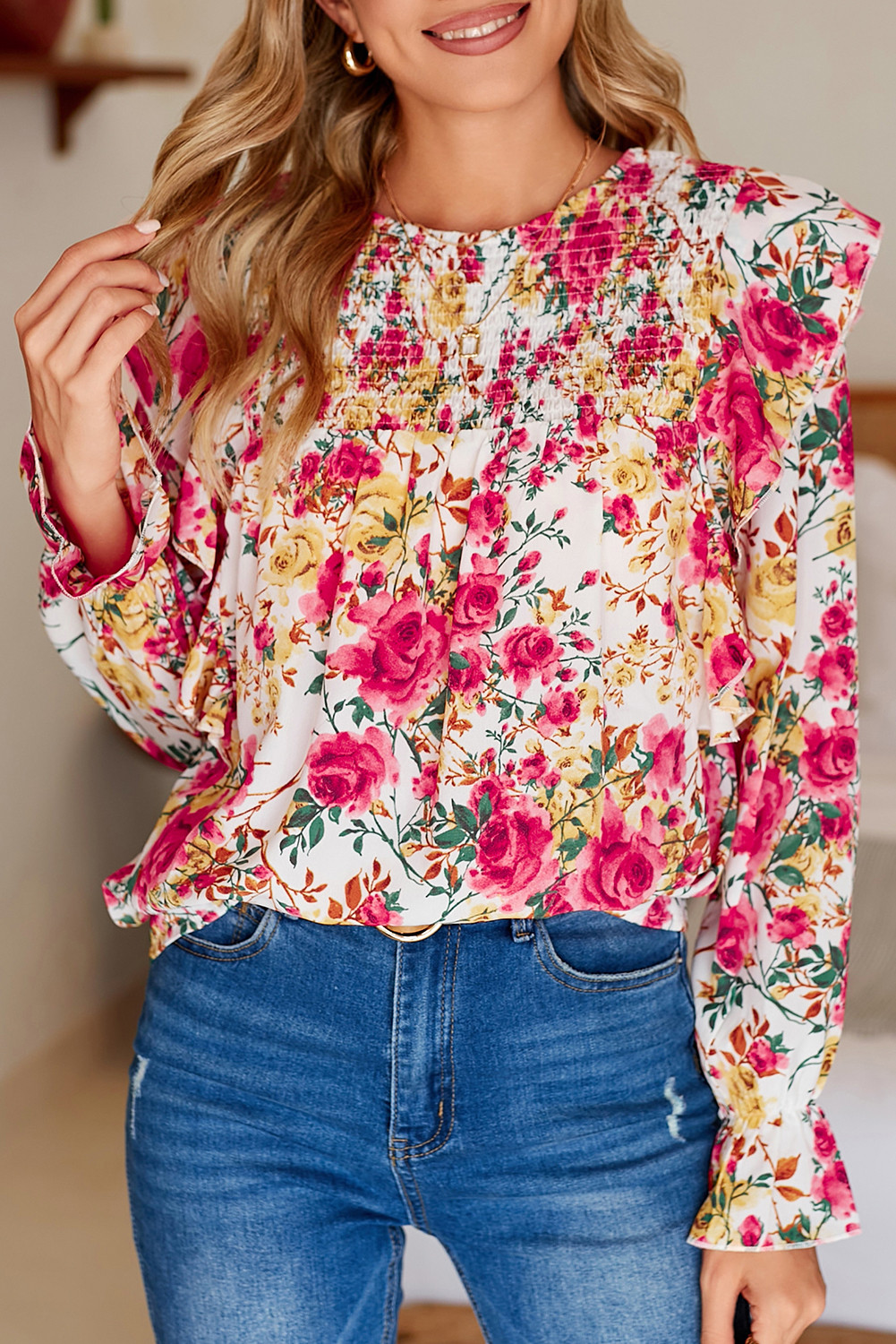 White Floral Boho Ruffle Trim Long Sleeve Blouse