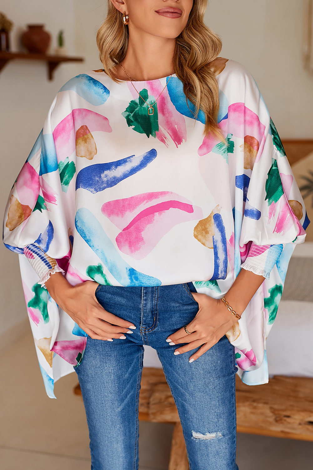 Shewin Wholesale WESTERN Clothes Multicolor Abstract Print Shirred Dolman Sleeve Oversized Blouse