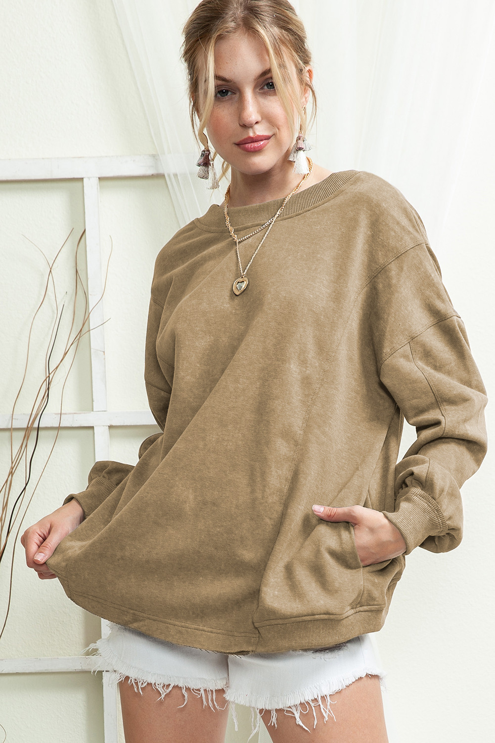 Khaki Mineral Wash Twist Butterfly Oversize Sweatshirt