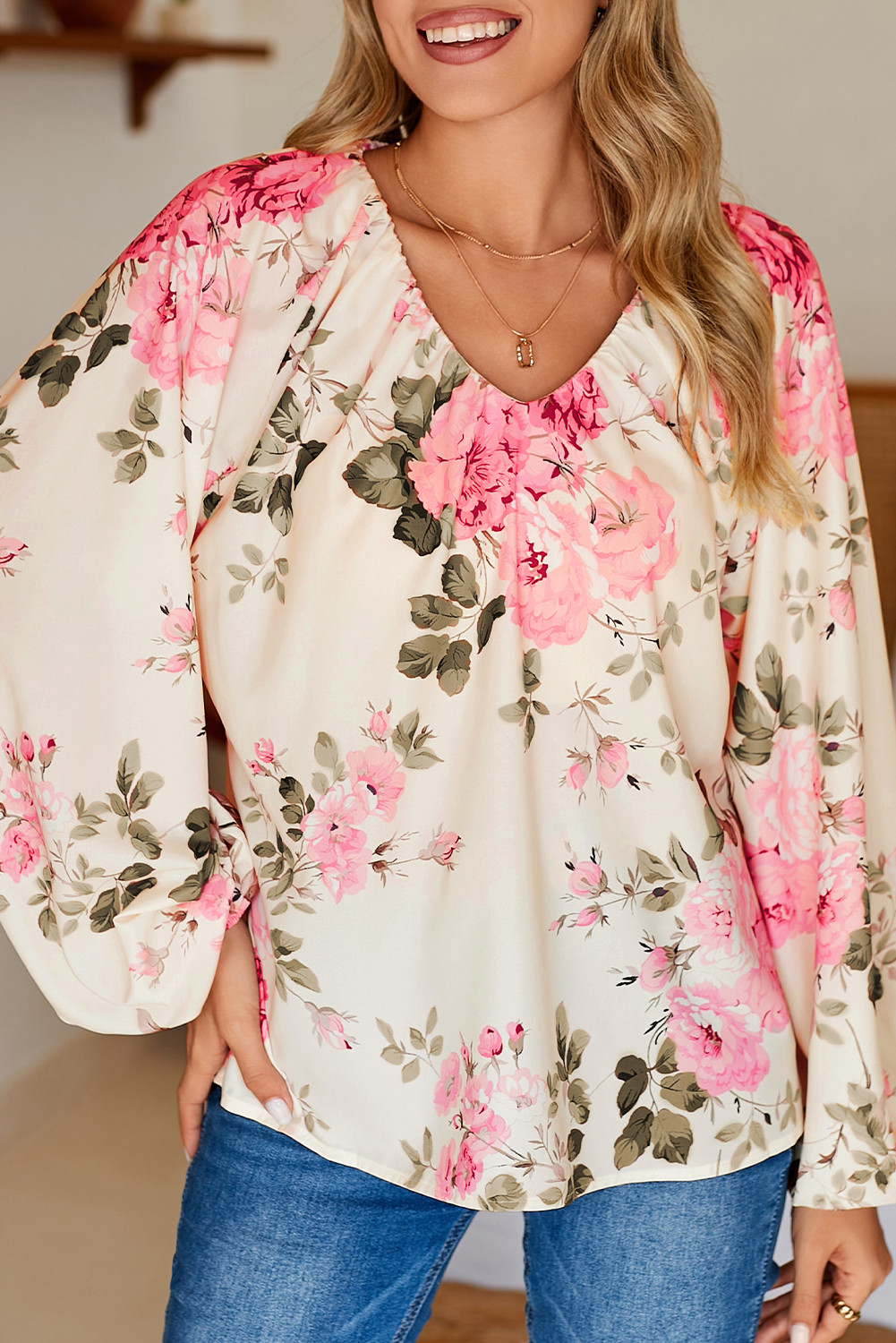 Beige Floral Print Lantern Sleeve V-Neck Blouse