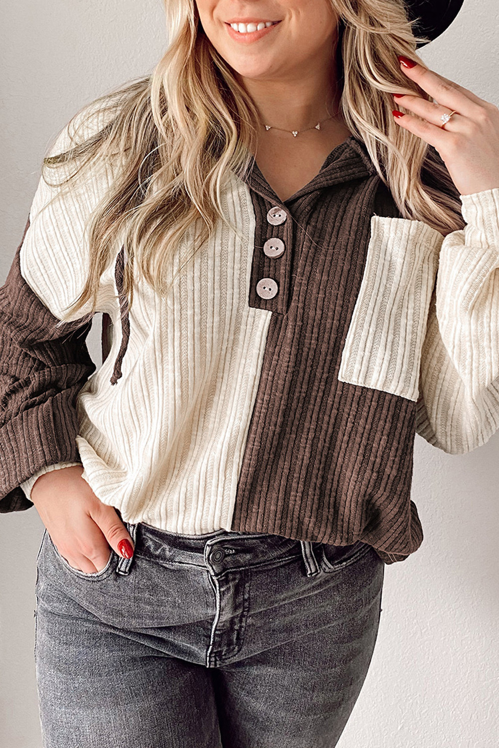 Beige Colorblock Corduroy Henley Hoodie