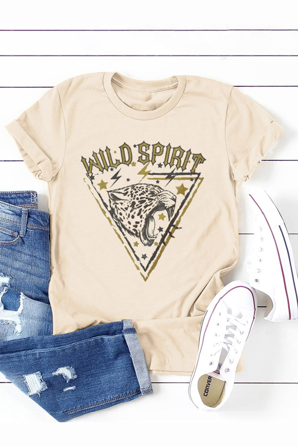 Khaki Wild Animal Print Crewneck Graphic T-shirt