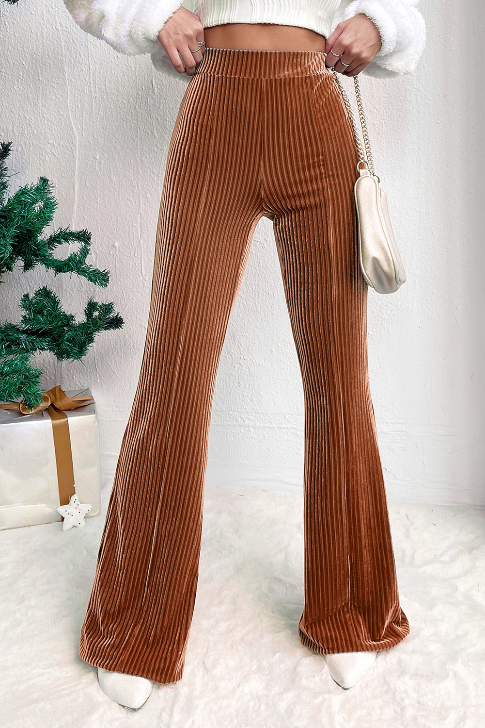 Shewin Wholesale Elegant Chestnut Solid Color High Waist Corduroy Flare PANTS