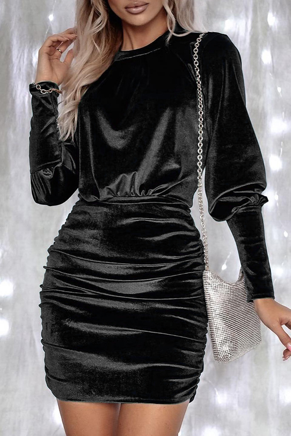 Shewin Wholesale Southern Apparel Black Velvet Puff Sleeve Ruched Bodycon DRESS