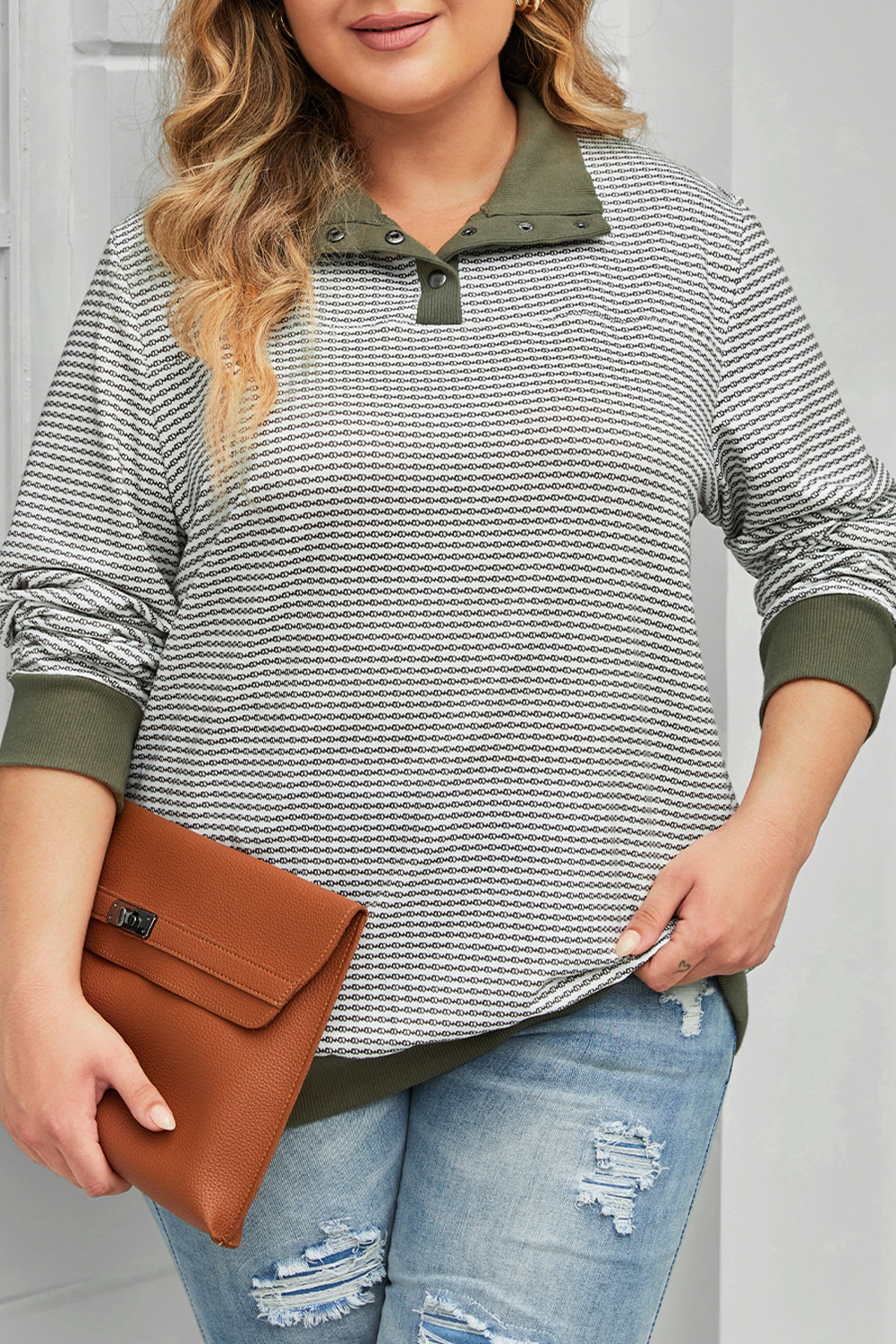 Green Striped Contrasting Trim Plus Size Henley Pullover Top