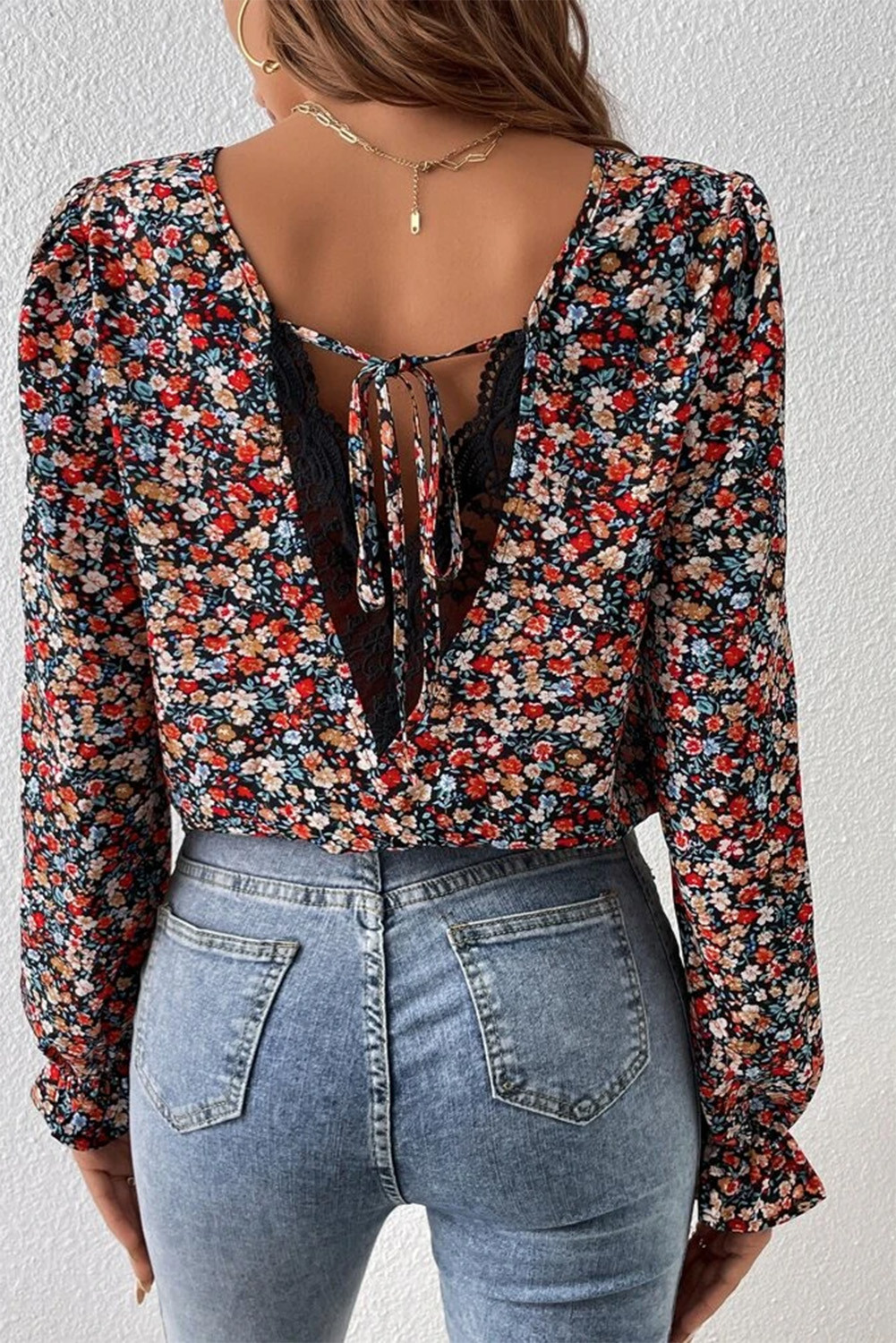 Red Lace Splicing Tie-up Ruffled Puff Sleeve Floral Blouse