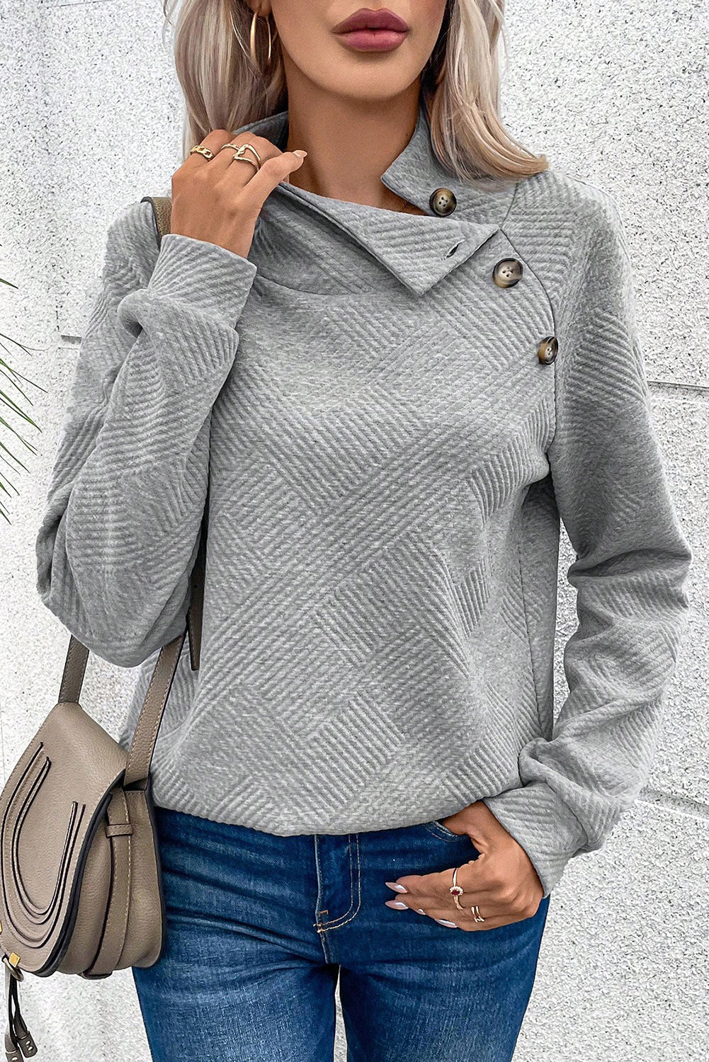Gray Solid Color Button Detail Textured Sweatshirt