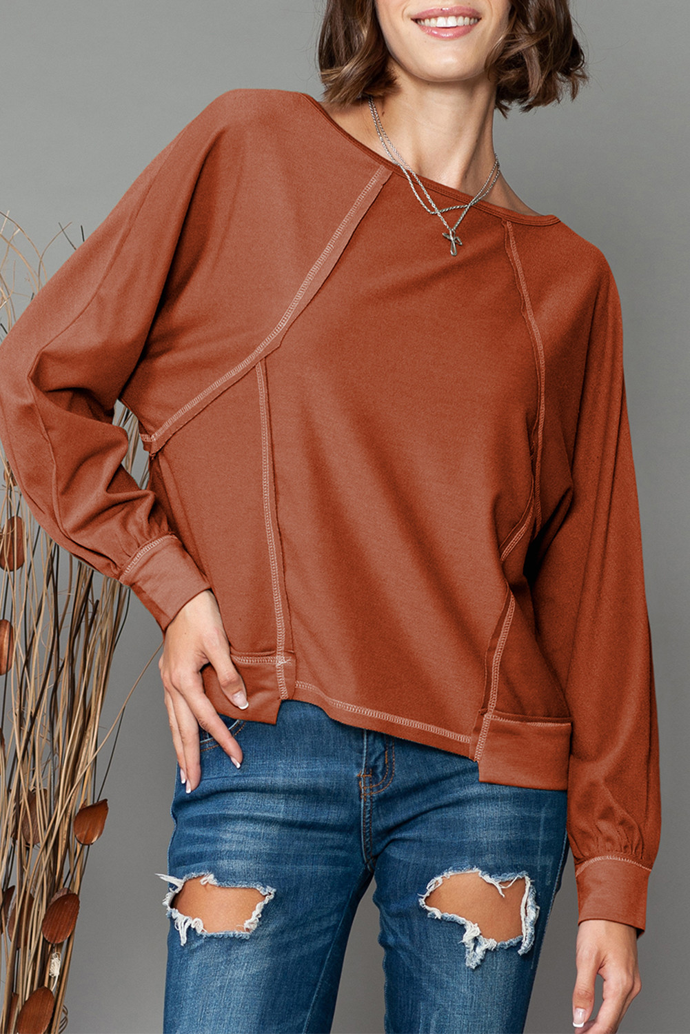 Gold Flame Exposed Seam Patchwork Dolman Sleeve Top