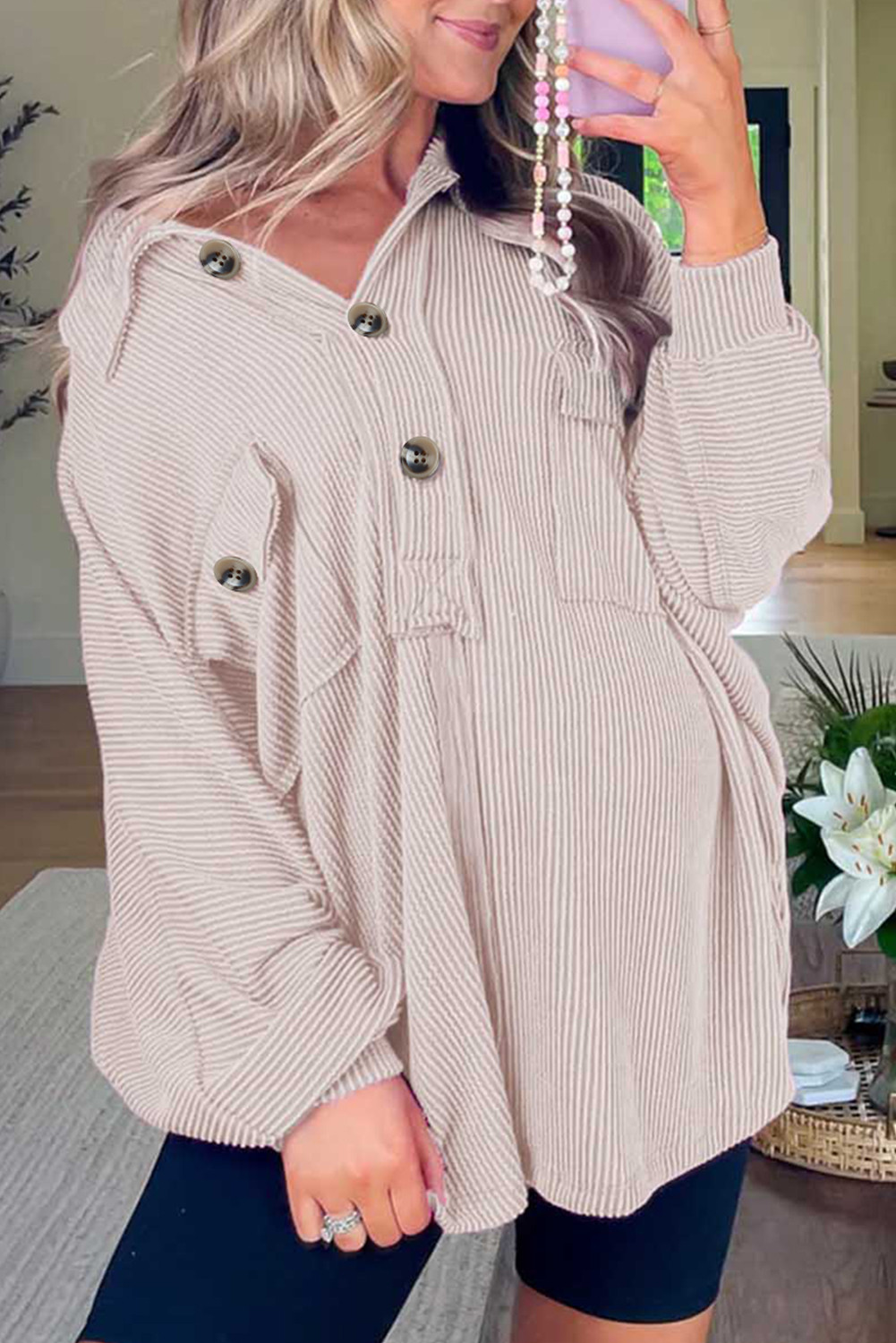 Khaki Button Collared Flap Pocket Cording Top