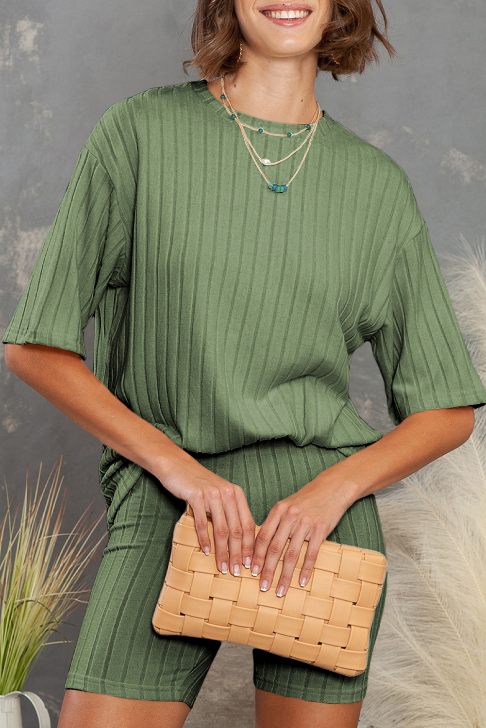 Shewin Wholesale WESTERN Green Ribbed Knit Drop Shoulder T Shirt & Shorts Two Piece Shorts Sets