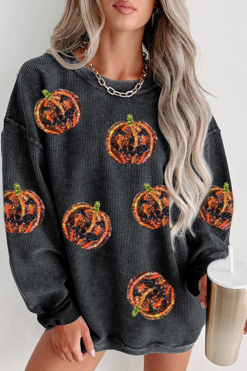 Black Sequined Jack O Lantern Graphic Corded Baggy Sweatshirt