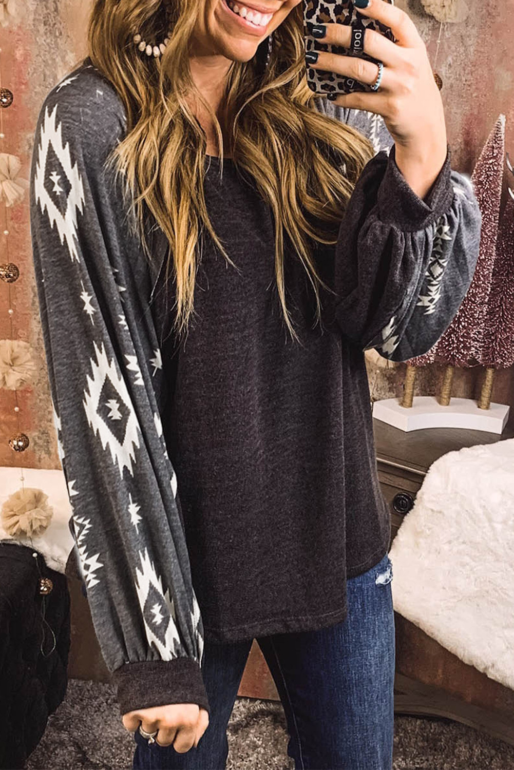 Black Ethnic Geometric Print Long Sleeve Top